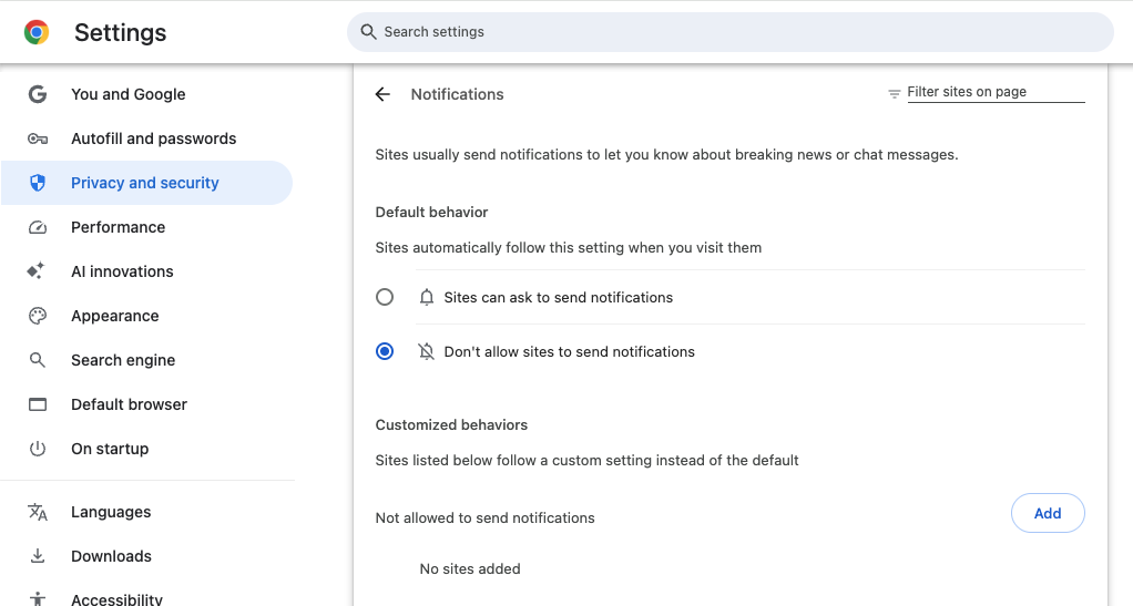 Chrome notification settings with 'Don't allow sites to send notifications' selected