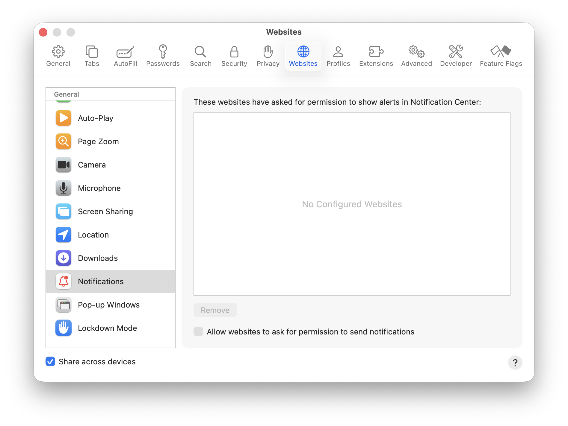 Safari Websites Notifications settings showing no configured sites and the allow-permission checkbox unchecked
